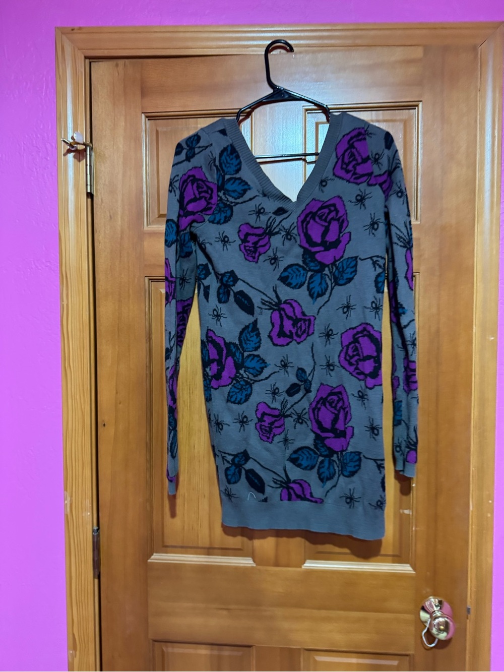 Betsey Johnson Gray Long Sleeve V-Neck Sweater Dress with Purple Rose Print